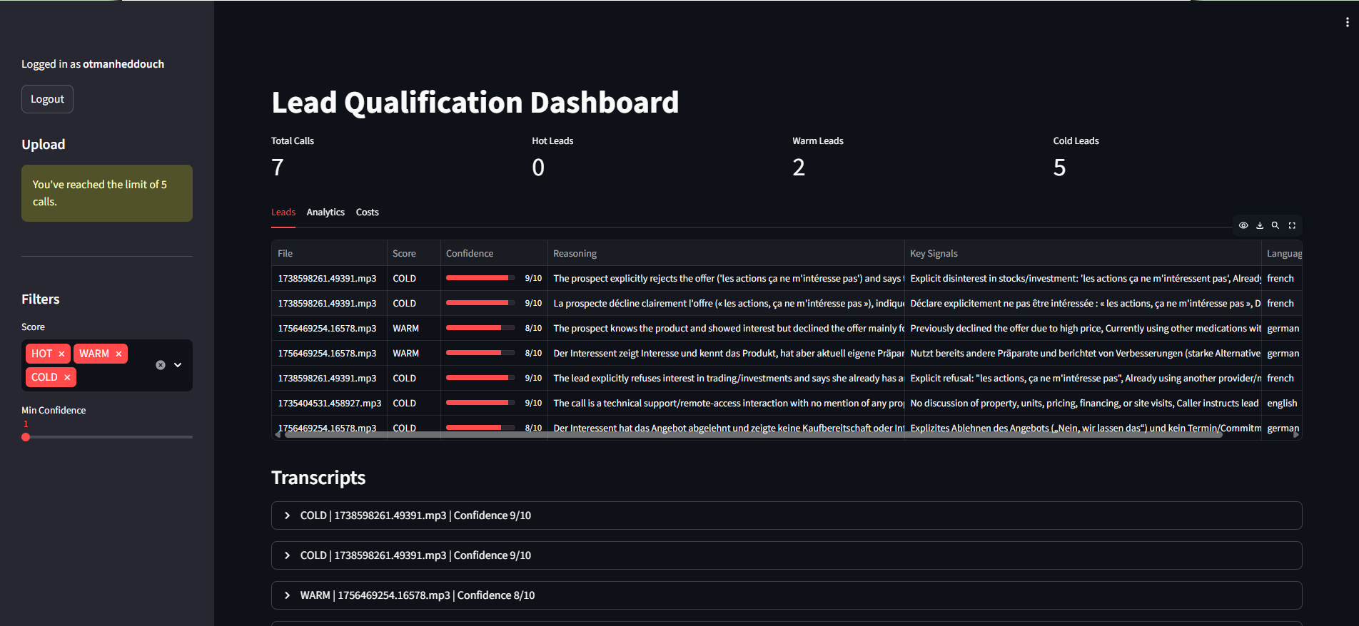 Lead Qualification System — analyze sales calls and classify leads